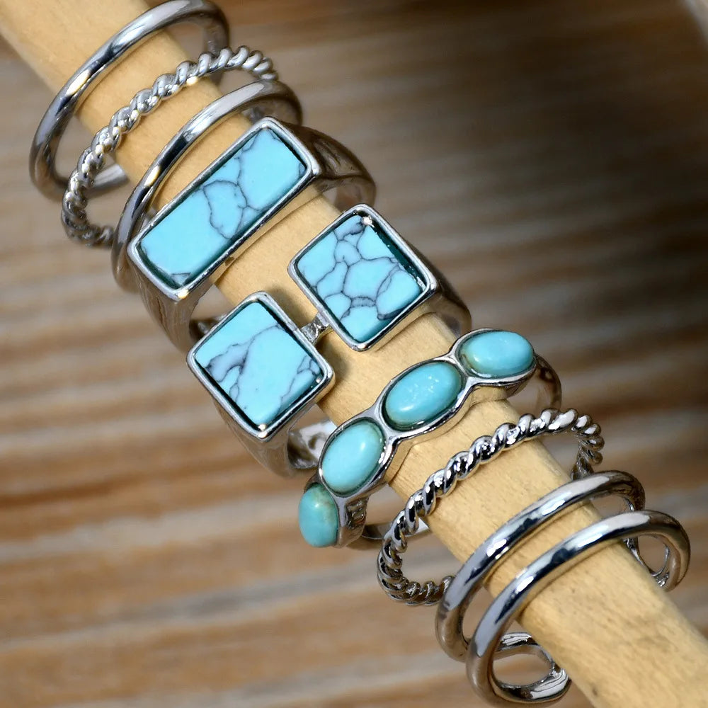 Wholesale Retro Rectangle Turquoise Ring Set Jewelry Alloy Twist Ring Polished Thin Finger Ring for Women