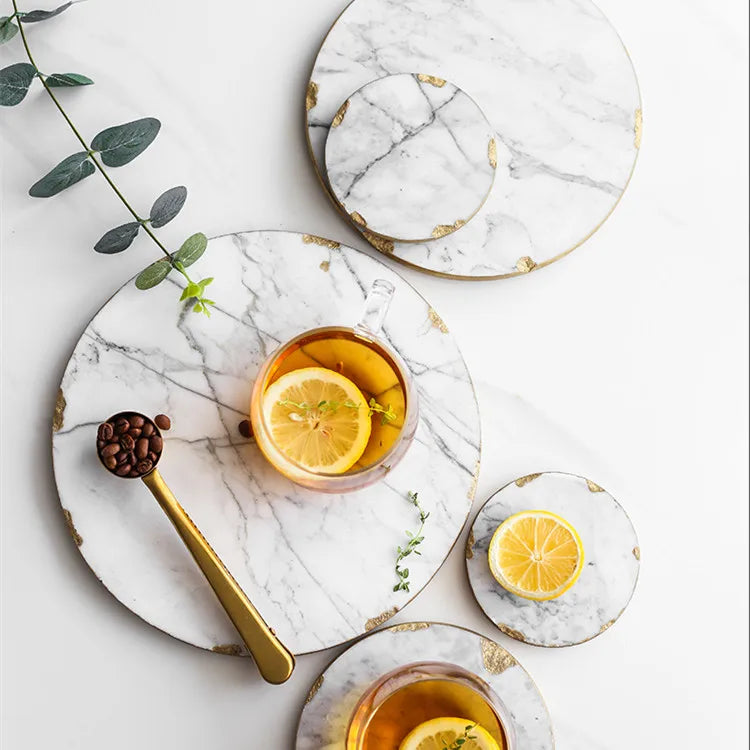 Multi-size Marble Plate Affect with Golden Edge Coaster Set With Tray Round Marble Stone Tray Dinnerware Sets Gold Edge