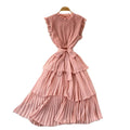 _ Summer New Korean Style Dress Temperament Slim Mid-length Cake Dress Solid Color Stand Collar Pleated Dress