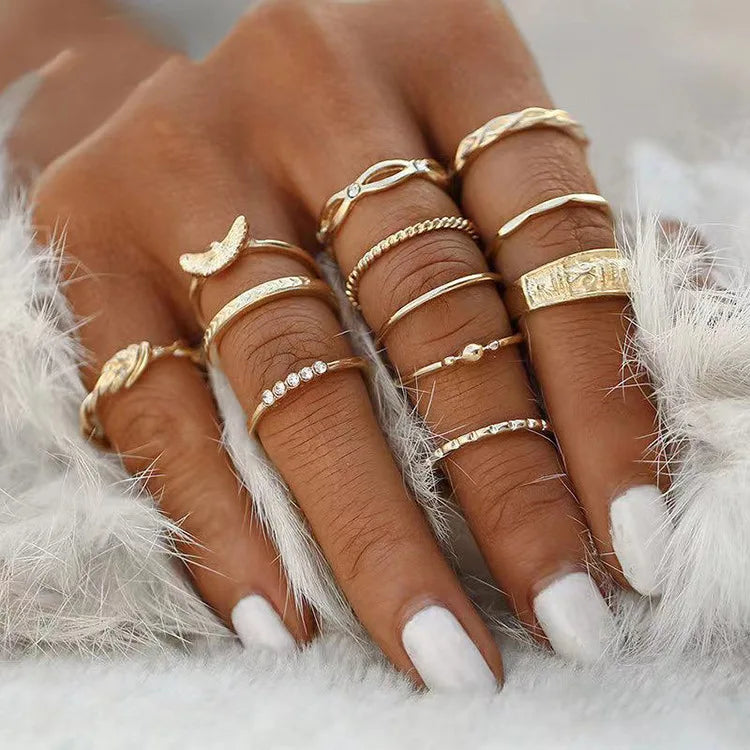 2021 Retro 12pcs Ring Sets Jewelry Retro Diamond Inlaid Eagle Twine Knotted Fashion 12 Pcs Rings Sets Gold Color Ring