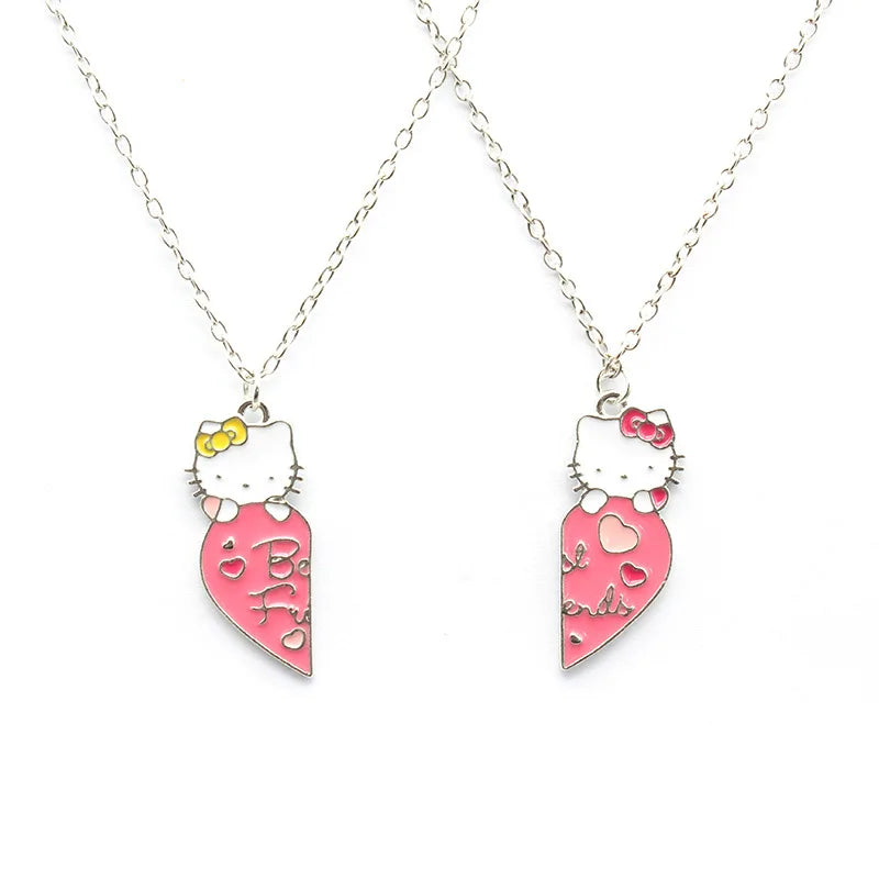 2pcs/set Cartoon Cute Love Cat Women's Best Friend Couple Alloy Heart Shape Party Jewelry Kitty Pendant Necklace Set
