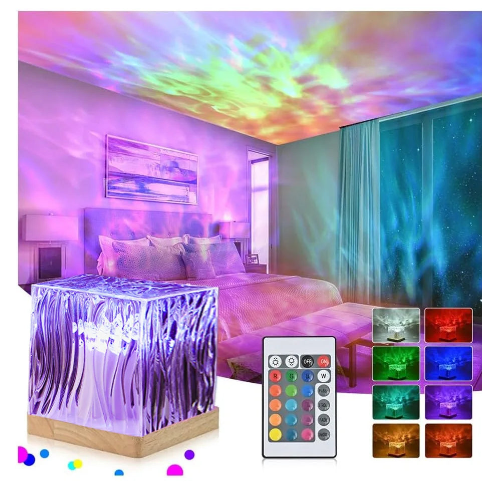 2024 RGB Colors Changing Stepless Dimming Projector Ocean Wave Aurora Water Effect Northern Lights Crystal Table Lamp for Kids