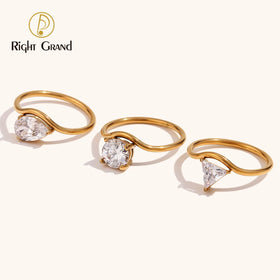 Wholesale Custom Fashion Jewelry 18K Plated Stainless Steel Geometric Luxury Ring Engagement Wedding Gold Zircon Rings for Women