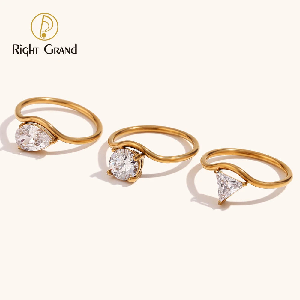 Wholesale Custom Fashion Jewelry 18K Plated Stainless Steel Geometric Luxury Ring Engagement Wedding Gold Zircon Rings for Women