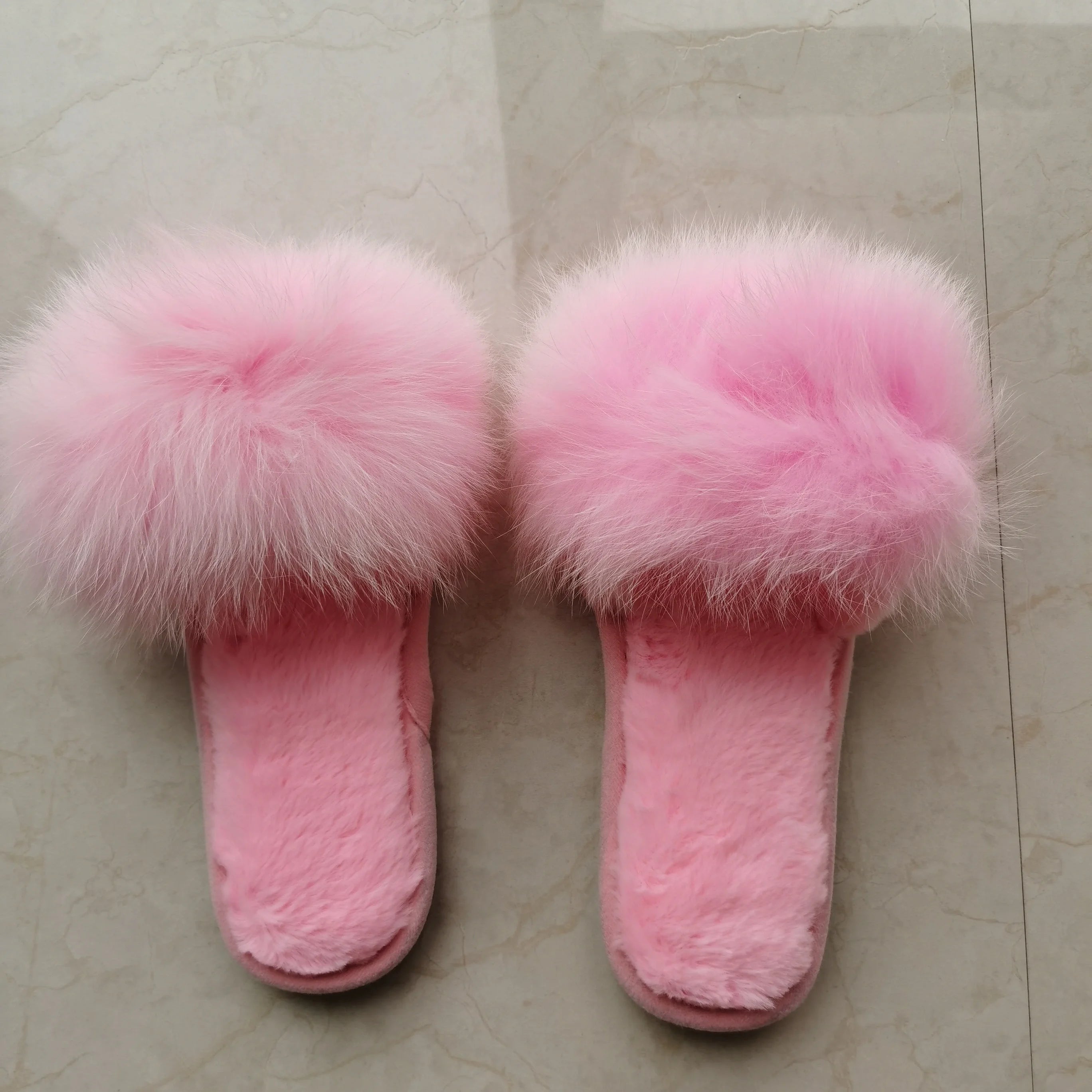 Women's Winter New Style Large Size Anti-Slippery Height Flat Slides Real Fox Fur for Slippers Short Plush Fluffy Sandals