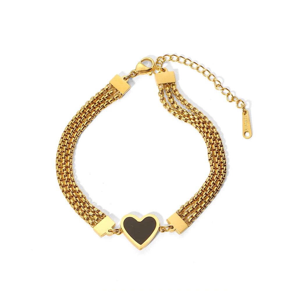 European and American Styles Stainless Steel 18K Three Chains Black White Heart Bracelet for Women Gift