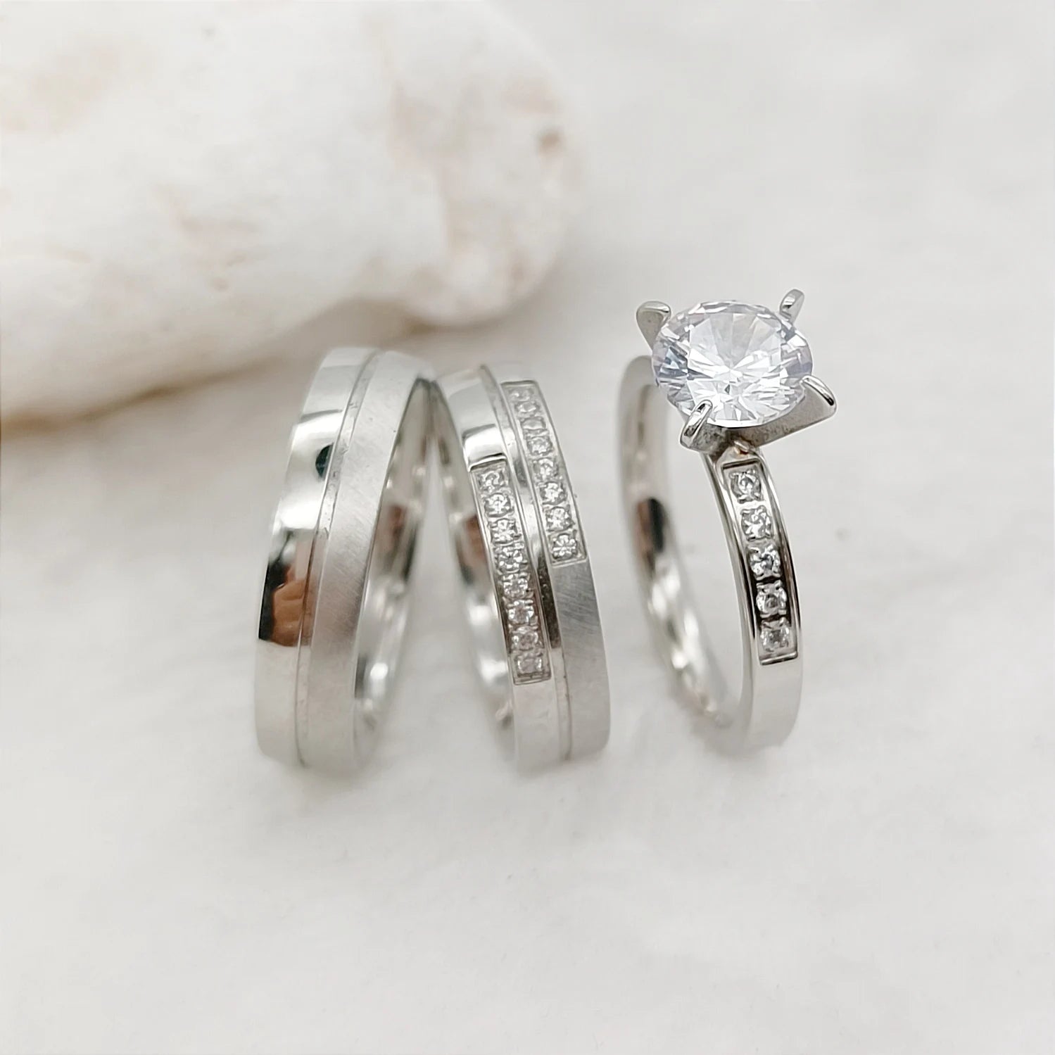 3pcs Wedding Engagement Rings Bridal Sets Fall LOVE Silver Stainless Steel Jewelry 18K Gold for Couples for Parties Gifts