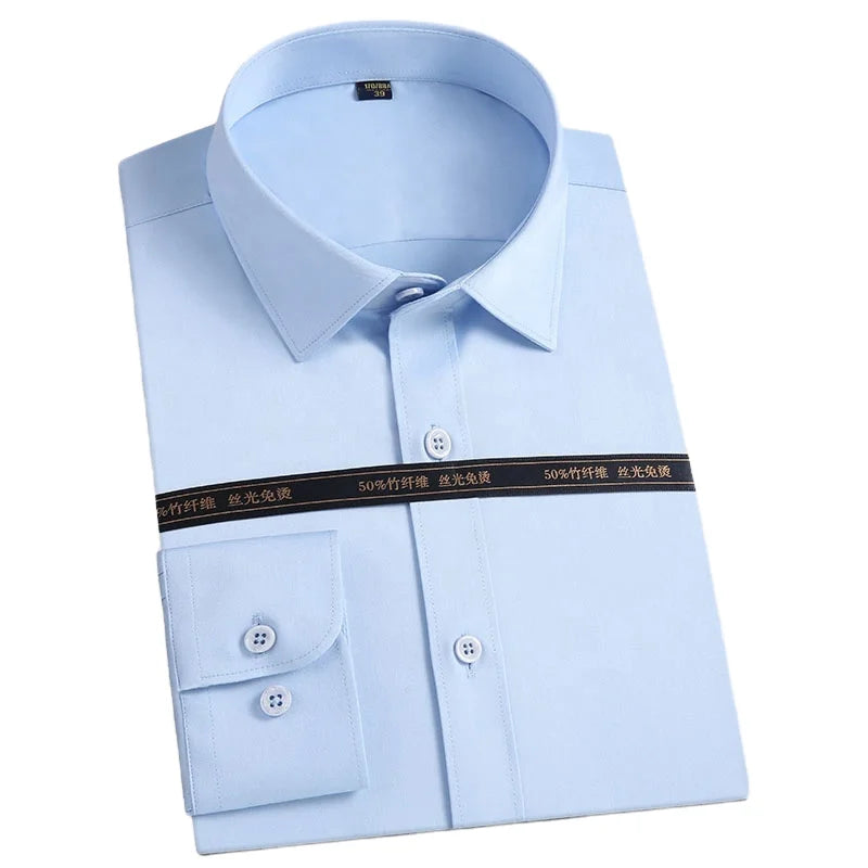 2025 New Men's Professional Solid White Dress Shirt Elastic Long Sleeve Non-Ironing for Formal Business & Interviews