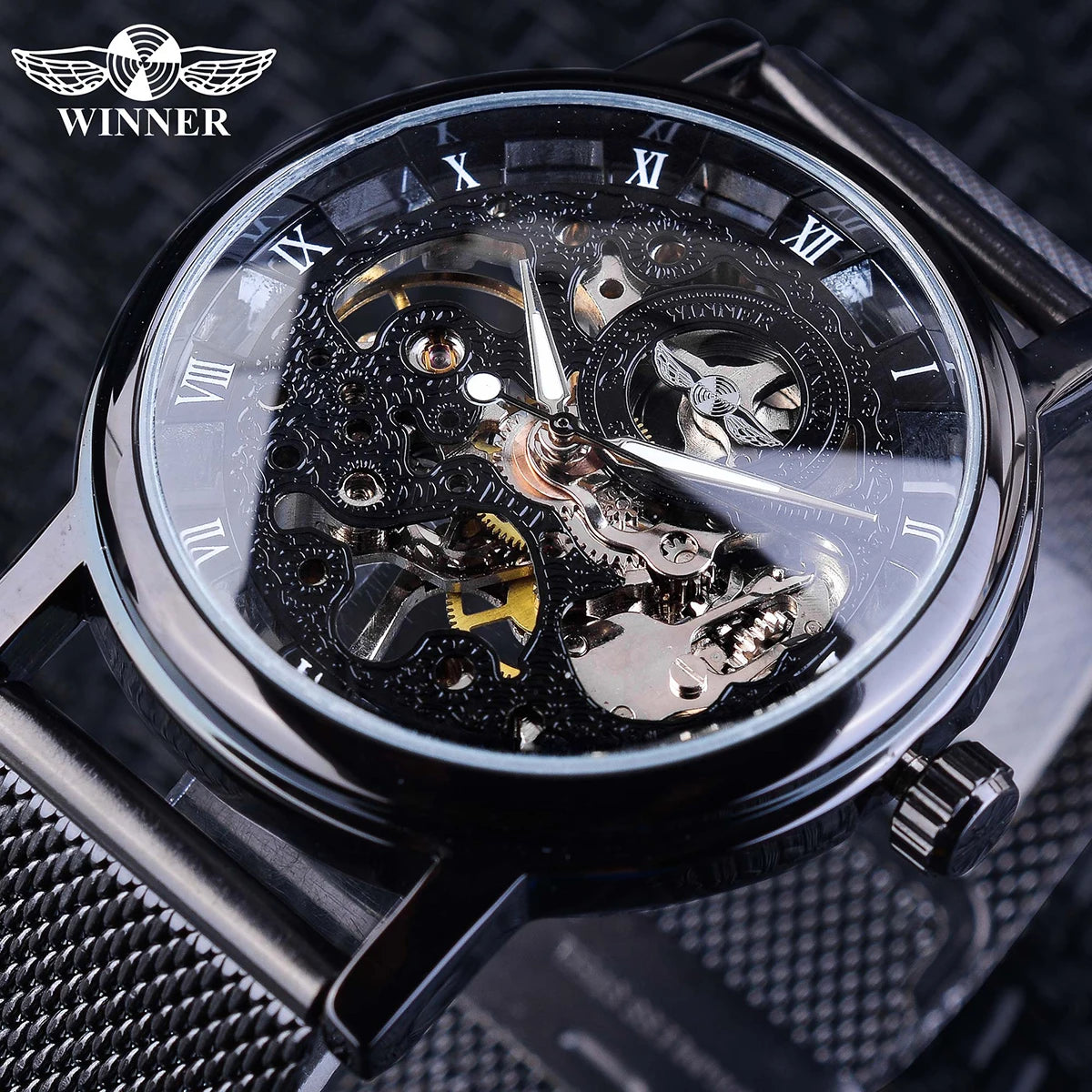 Winner Luxury Watch Men Transparent Classic Thin Case Hollow Clock Fashion Gift Mens Mechanical Wrist Mesh Band Watches Relogio