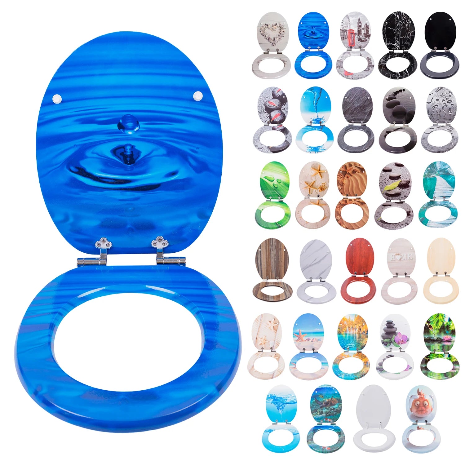 Bathroom Kitchen Wooden MDF 3D Printed Soft Close Quick Release Toilet Seat Cover Zinc Alloy Hinges Closed Front Elegant