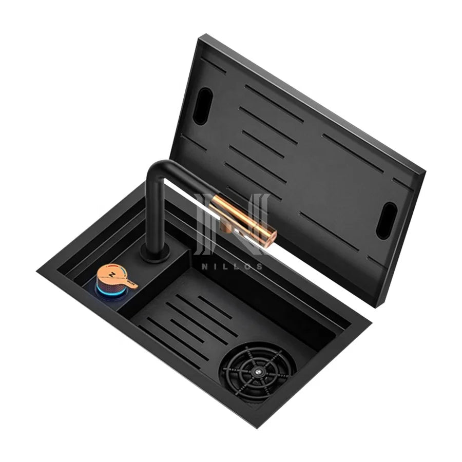 N4526XN NILLOS Black Nano Bar Counter Small Mini Sink 304 Stainless Steel Single Bowl Cup Rinser Hidden Design Water Saving MegaBDM