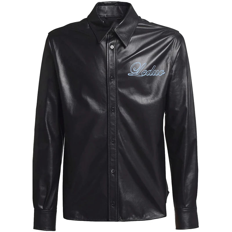 Wholesale Customized Logo Men's Mandarin Collar Anti-Wrinkle Anti-Shrink Button Casual Full Sleeve Synthetic Leather Shirt Black