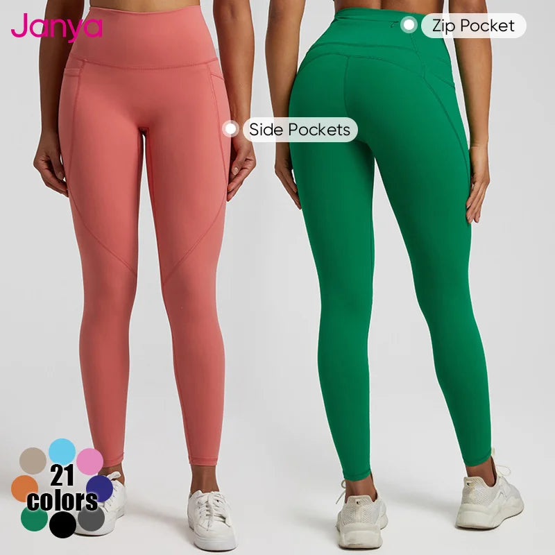 Janya Women's Sportswear Gym Fitness Leggings High Waist Yoga Leggings for Adults with Back Zip Pocket & Side Pockets