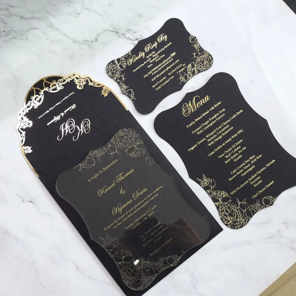 2024 Black clear Acrylic Wedding Invitation Card with Menu Card and Rsvp Card