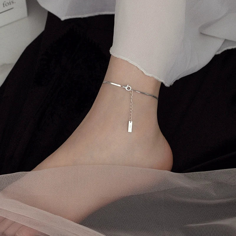 In Stock  Sterling Silver 925 Jewelry Flat Snake Bone Chain Anklets