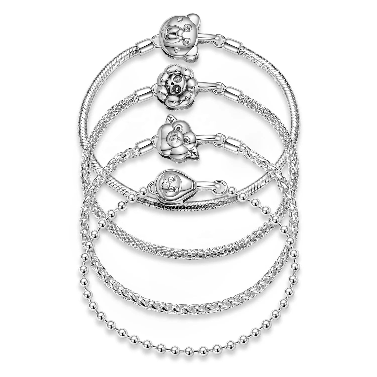 Cute Bear Flower Lobster Clasp Authentic 925 Sterling Silver Charm Pendant Snake Chain Bracelet for Women Fashion Jewelry Making