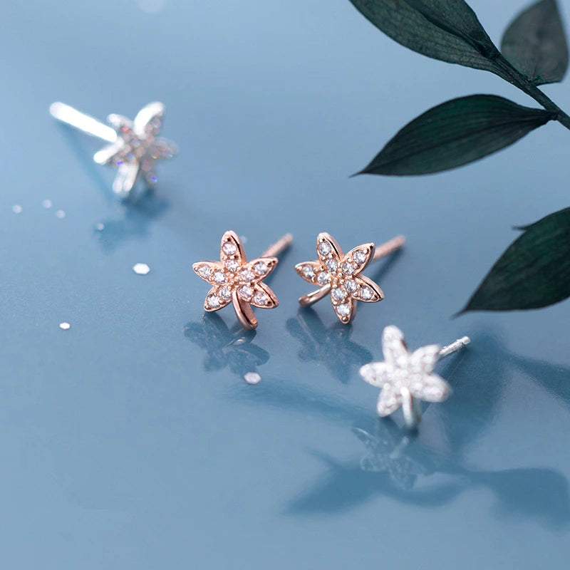 Small CZ Maple Leaf Studs Earrings Rose Gold Plated Cute Zircon 925 Sterling Silver Earings Fine Jewelry for Women Girls