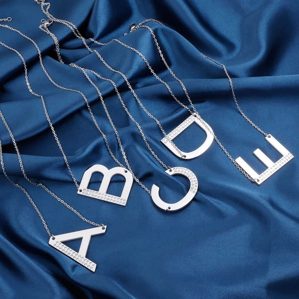 Fashion Jewelry Custom Stainless Steel Chain Ladies Zircon Inlay 26 Initials A~Z Letters Pendant Large Initials Necklace