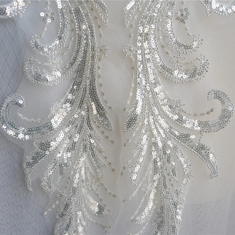Luxury Silver Handmade Embroidered Sequins and Beaded Lace Back Patch with 100% Polyester for Elegant Wedding Dresses Shoes Bags
