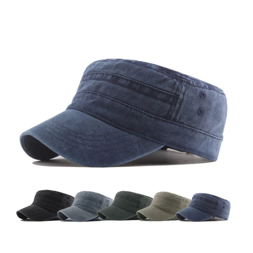 Flat Crown Washed Cotton Cadet Cap Hat
