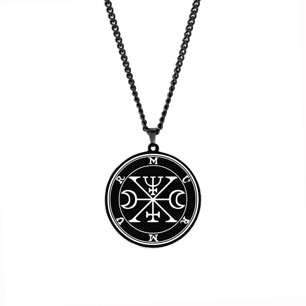 Black Seals of the 72 Spirits the Lesser Key of Solomon King Asmoday Demon Origins Goetia 49-60 Stainless Steel Pendant Necklace
