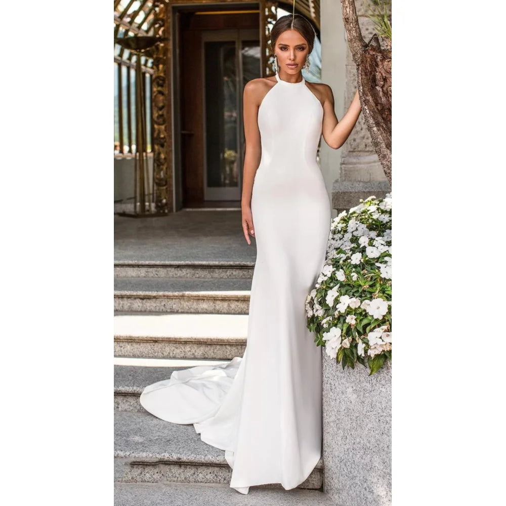 13500#Halter Neck Bohemian Vestido De Novia Sleeveless Outdoor Boho Simple Soft Satin Backless Elegant Wedding Dress Bride Gown