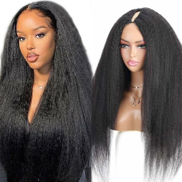 Yaki V Part Kinky Straight Wig Brazilian Virgin Hair Glueless Full Head Clip in Half Wig V Shape Human Hair Wigs for Black Women