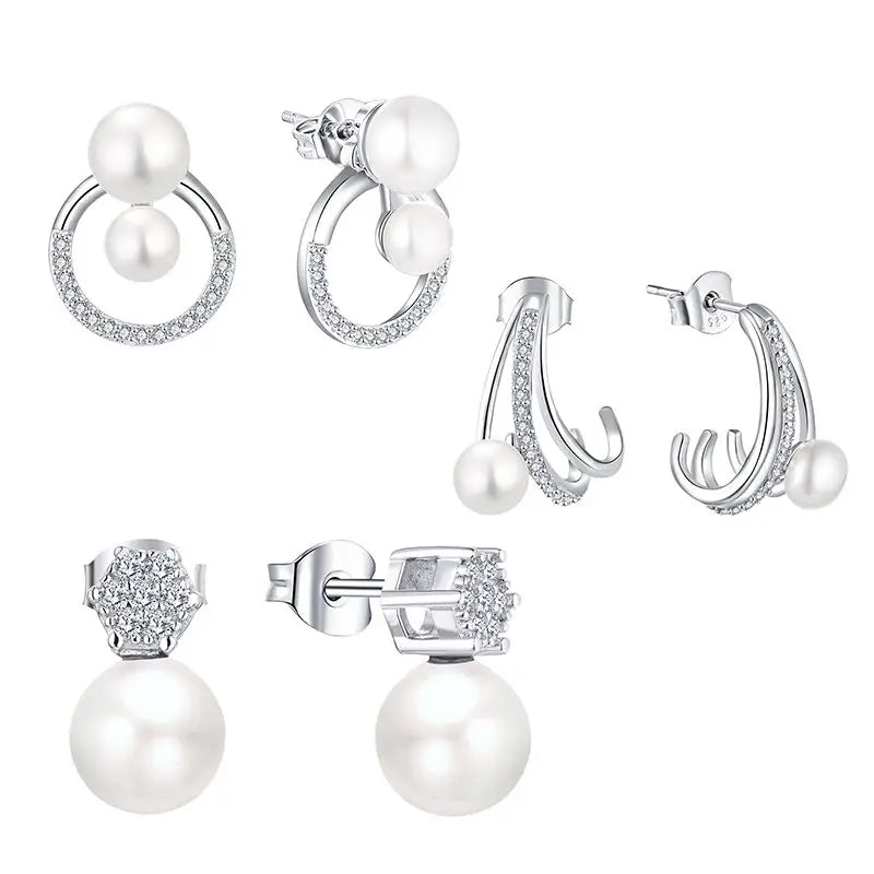 YH Jewellery Delicate Clear Cz Crystal Natural Freshwater Pearl Stud Fine Jewelry 925 Sterling Silver Earrings
