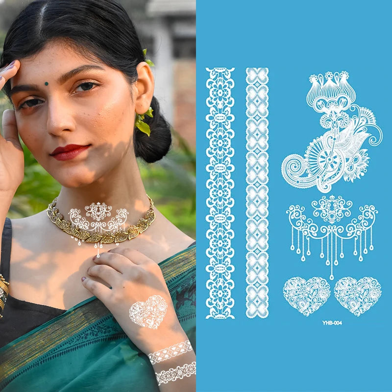 Bxtats CustomSpecial Wedding White Temporary Tattoo Henna White Lace Full Hand Mehndi Mandala India Design Sticker Tattoo