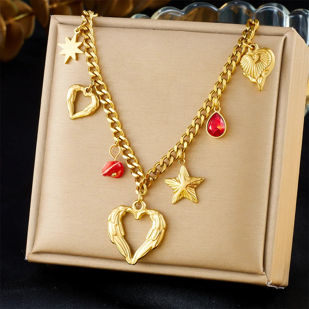Trendy New Stainless Steel Hollow Heart Pendant Necklace Jewlery 18k Gold Tarnish Free Hear Star Charm Necklace for Lady