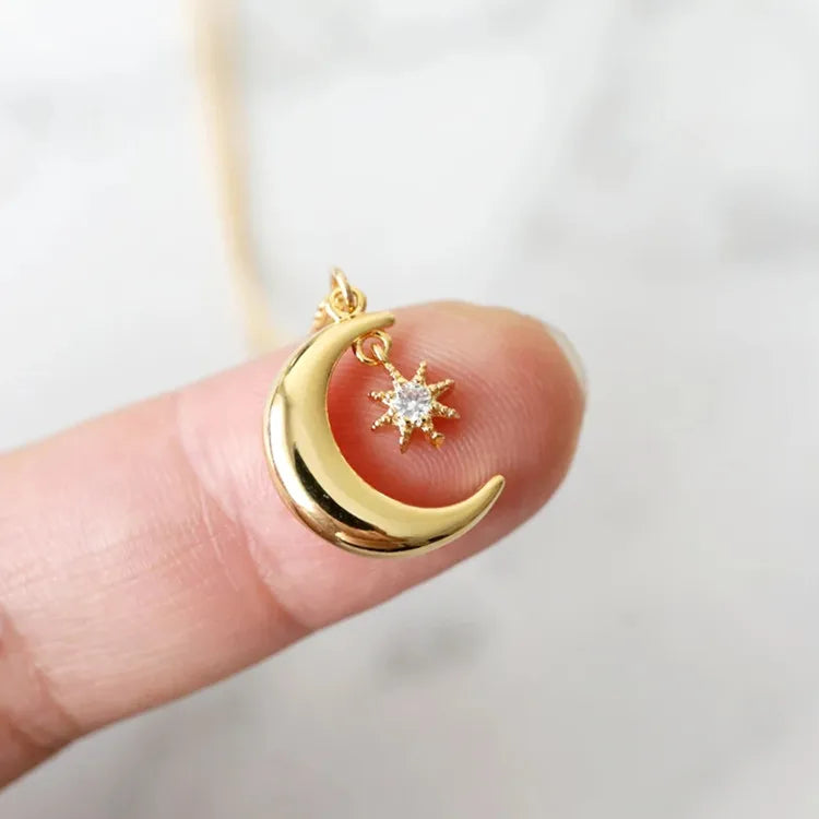 Elegant Gold Plated 925 Sterling Silver Zircon Paved Moon and Star Pendant Necklace for Women