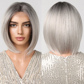 Front Lace Gray Ombre Sliver Straight Wigs Short Bob Synthetic Wig Heat Resistant Fiber for Women Natural Hairline Part Lace Wig