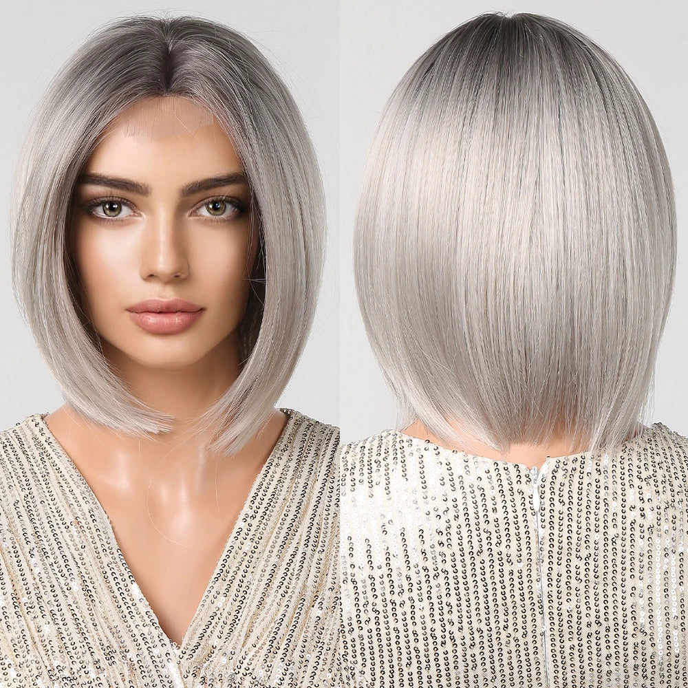 Front Lace Gray Ombre Sliver Straight Wigs Short Bob Synthetic Wig Heat Resistant Fiber for Women Natural Hairline Part Lace Wig