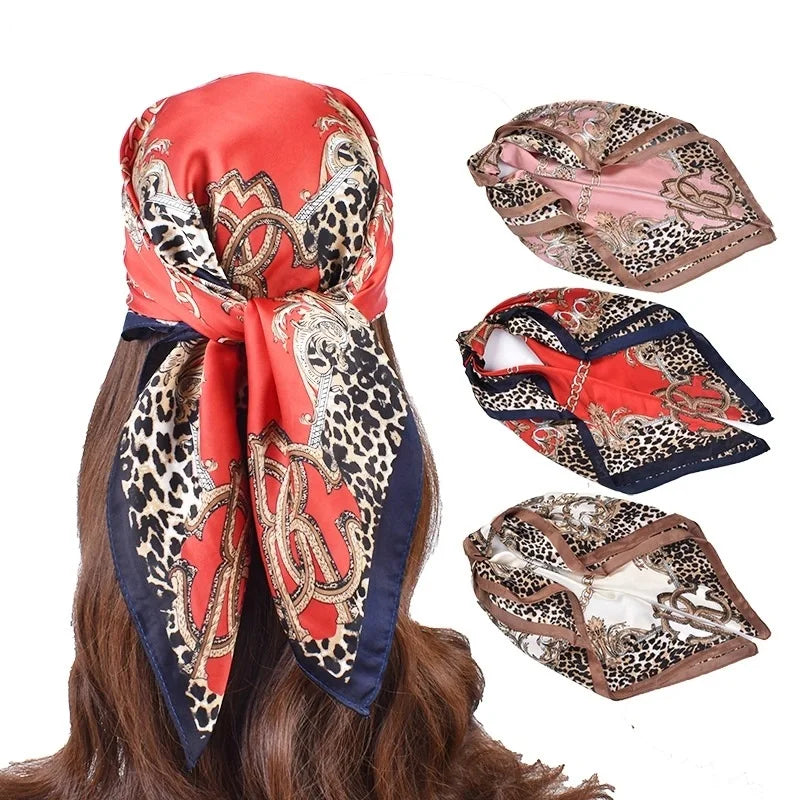 Wholesale Large 35 X 35 Inches Satin Square Ethnic Bandana Scarves Fashion Leopard Design Neck Hair Headscarfs for Women