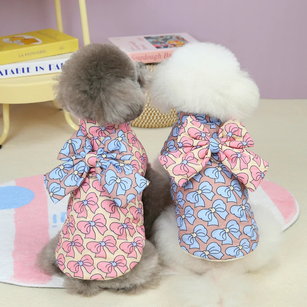 Luxury Fashion  Printed Dog Pet Clothes Windproof Warm Bowknot Printed Dog Cat Jacket for Pets