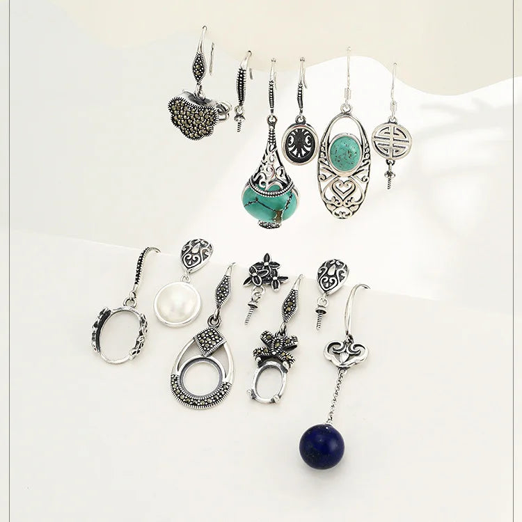 Retro 925 Sterling Silver Cabochon Setting Antique Silver Earrings Bases Bezel Earring Trays