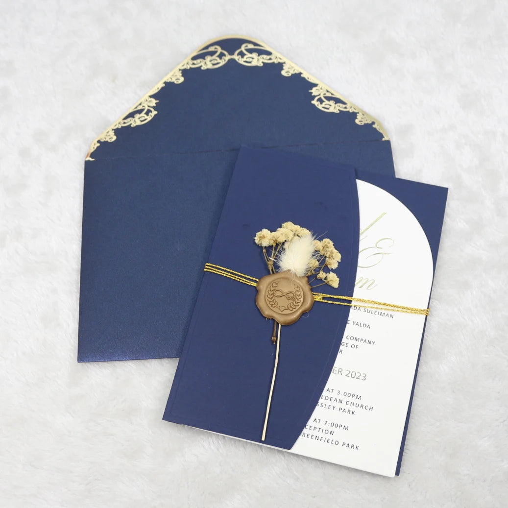 Custom Wax Seal Navy & White Paper Jacket Gold Foil Luxury Clear Acrylic Wedding Invitations With Envelope