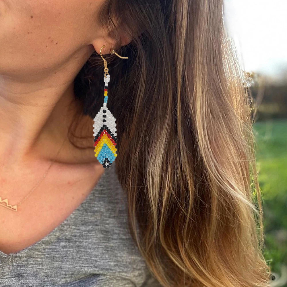 Go2boho Bohemian Rainbow Beads Earrings MGB Beads Ear Rings with Feather Shape Tassel and Gold Hook Jewelry Gift for Women
