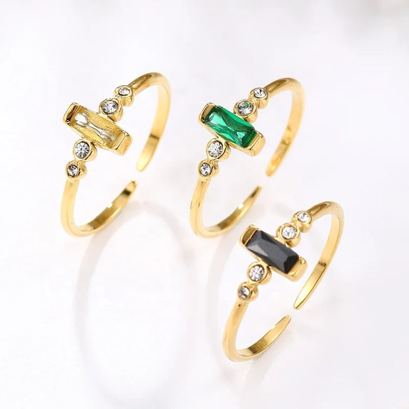 Hot Sale Geometric Fashion Jewelry Stainless Steel Gold Plated Rectangular Zircon Open Adjustable Women Luxury Wedding Ring