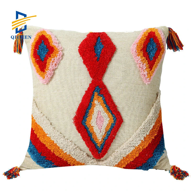 Innermor Vintage Woven Red Crimson Square Embroidered Cotton Cushion Cover Abstract Boho Home Decoration Modern Tassels