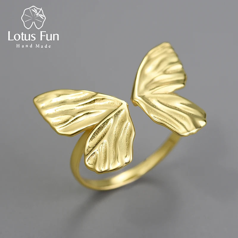 Lotus Fun China Wholesale Price 18K Gold Plated 925 Sterling Silver Handmade butterfly Ajustable Rings  Fine Jewelry for Women