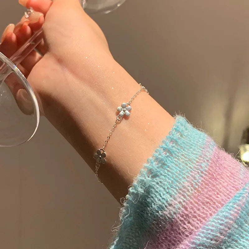 Simple Korea Cute Pure 925 Sterling Silver Thin Chain Flower Charms Bracelets for Women Girls Jewelry