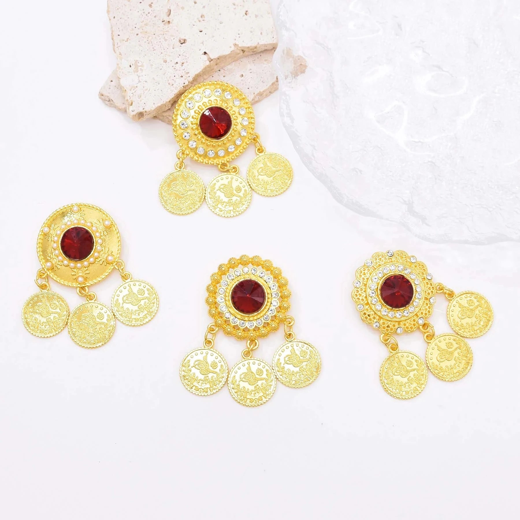 4 Styles Gold Plated Coin Red Acrylic Gemstone Brooches for Women Rhinestone Flower Pin Brooch