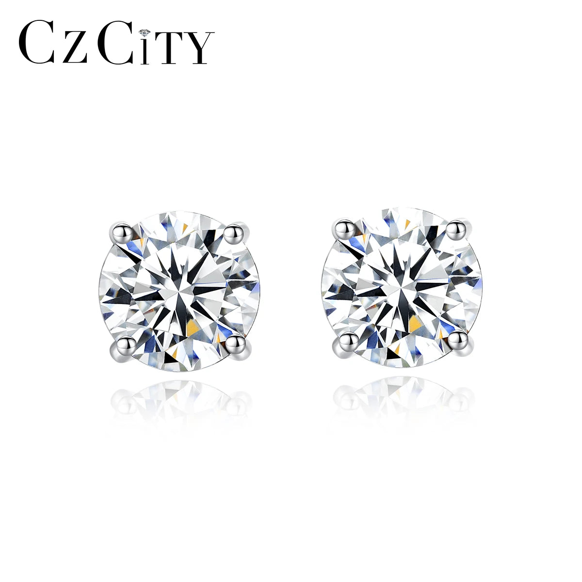 CZCITY Earing Creative Gra Minimalist Jewelry Round 2CT Diamond Rhodium Plated 925 Silver Moissanite Earrings