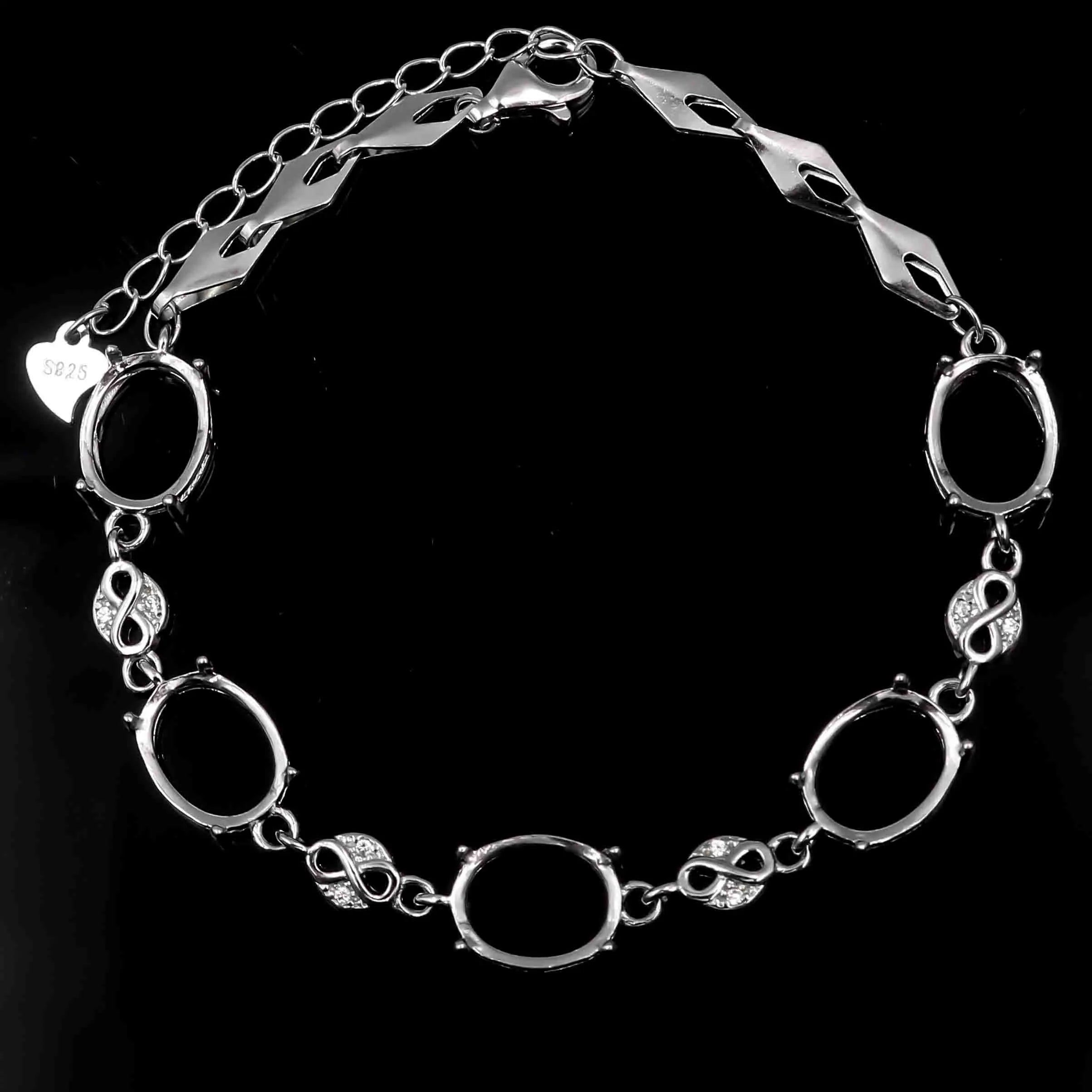 Sterling Silver 6*8/8*10mm Semi Mount Bracelet Blank Empty Support Mountain Setting S925 Base Holder Without Stone for DIY Inlay