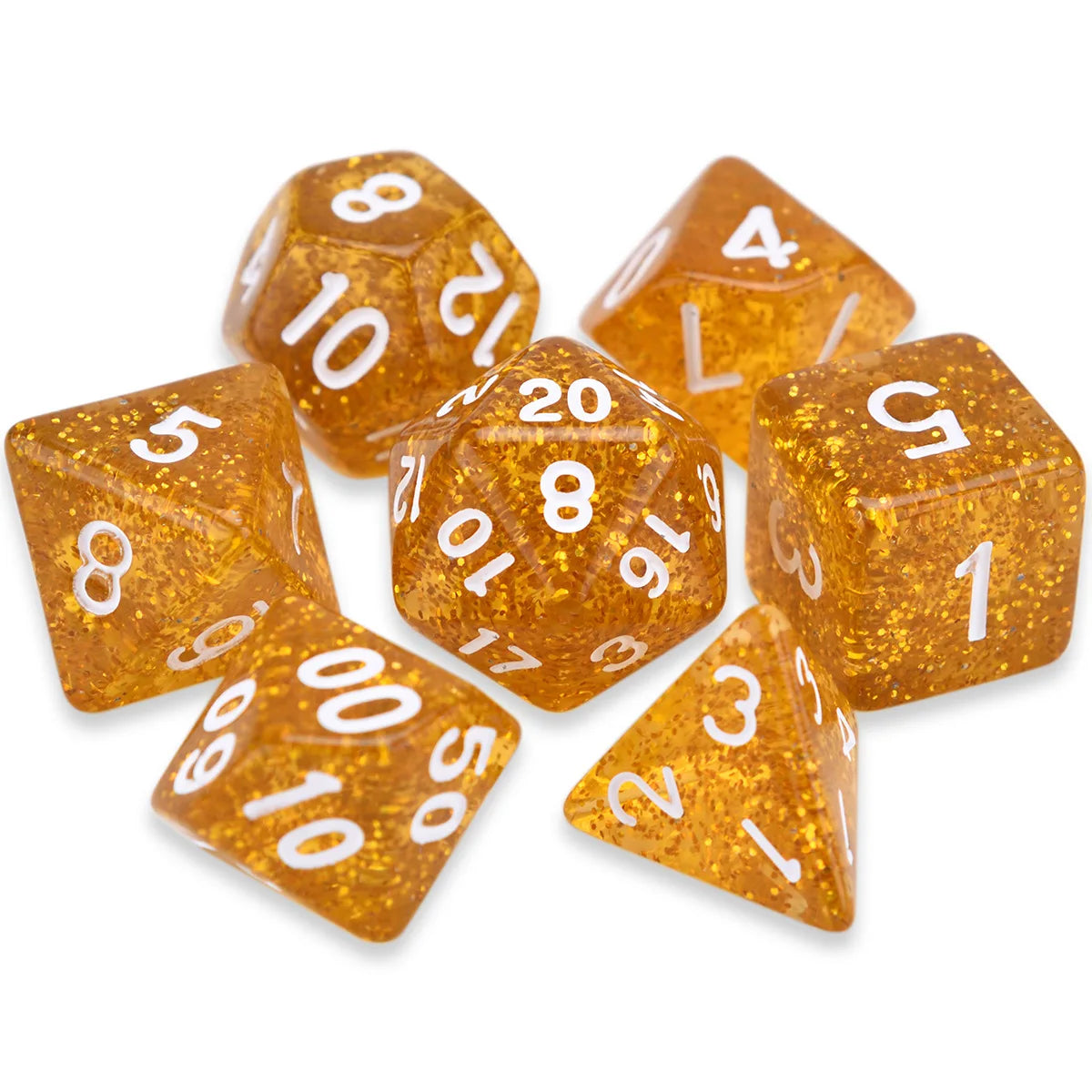 Customizable 7-Piece TRPG Multi-Sided Dice Set Zinc Alloy Square Shiny Gold Glitter Powder Polyhedral for DND Party Game Acrylic