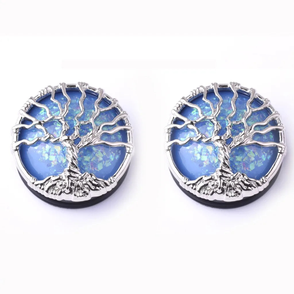 POENNIS Creative Medical Grade Stainless Steel Blue Opal Inlaid Punk Style Wedding Tree Shape Ear Tunnels Stretched Ears
