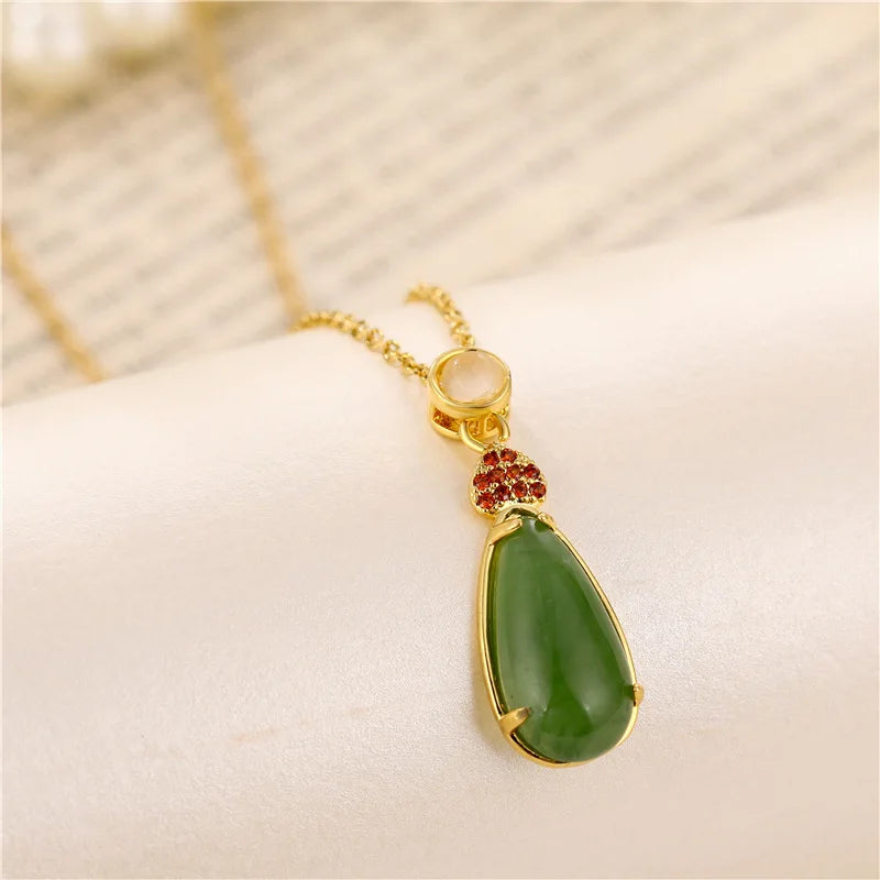 18K Gold Plated Titanium Steel Natural Stone Green Jade Pendant Necklace Stainless Steel Jewelry Teardrop Jade Necklace