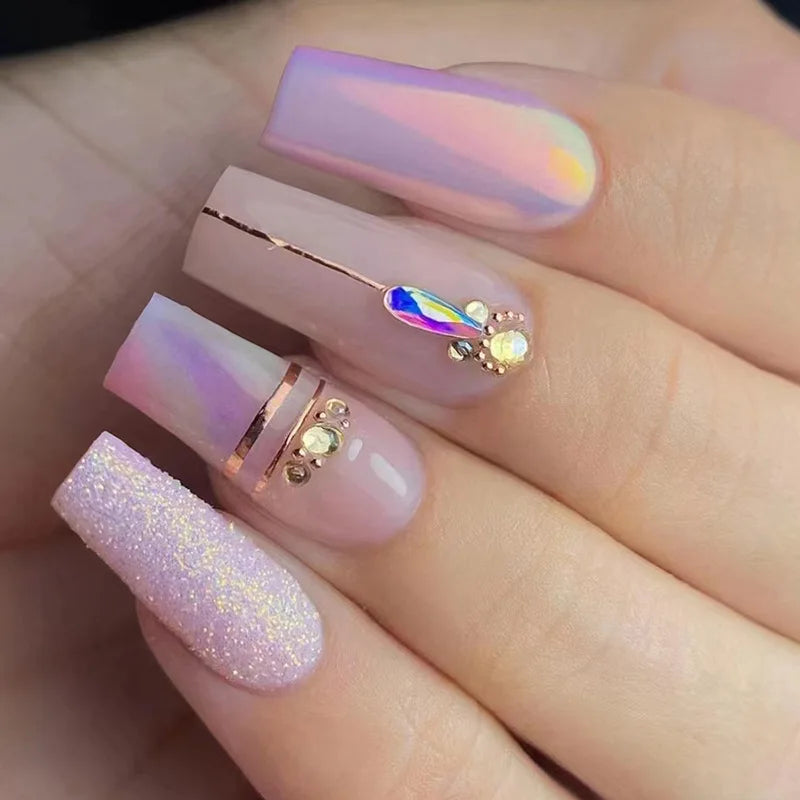 Factory Middle Ballerina Coffin Pink Acrylic Press French Tip Nails ABS Manicure Stick-On Artificial Fingernails