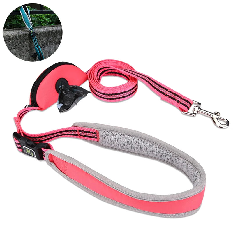 Multi-Functional Reflective Nylon Dog Leash with Padded Handle Tangle-Free and Poop Bag Holder Solid Pattern